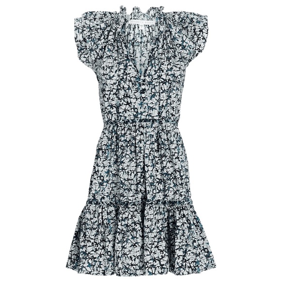 VERONICA BEARD TIERED RUFFLE COTTON ZEE DRESS - OFF WHITE/NAVY- SIZE 0 - Picture 3 of 12